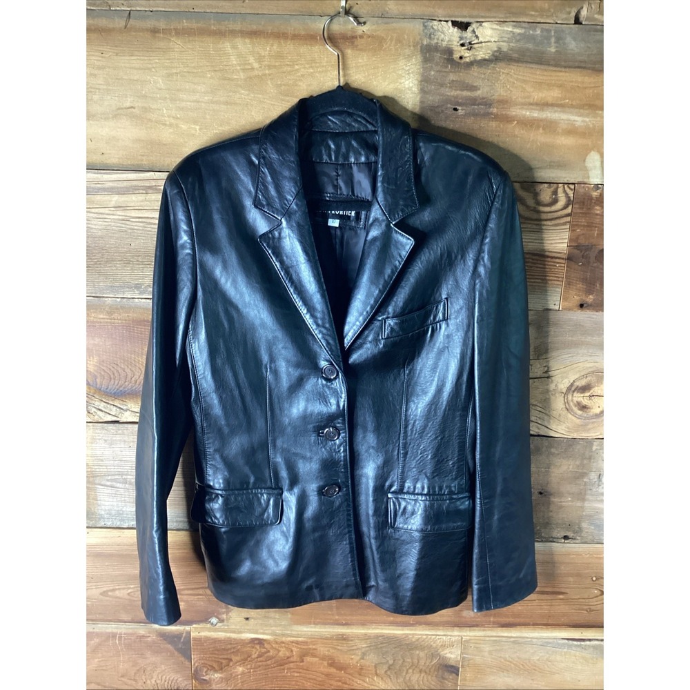 Vtg New Frontier Black Leather 3 Button Blazer Lapel Pockets Lined Sz 10